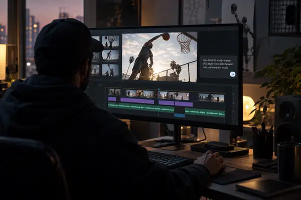 Realistic dark video editing interface showing a basketball clip, a multitrack timeline, and a compact AI editing prompt