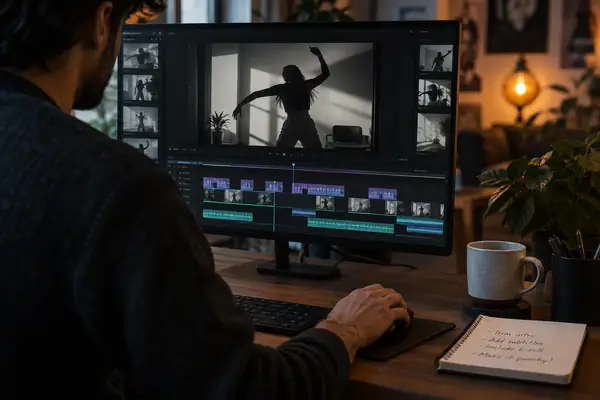 Realistic video editor interface with a black-and-white dance preview, layered timeline, and a simple written editing request