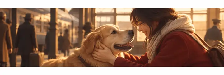 A warmly lit cinematic scene of a person greeting a dog at a train station