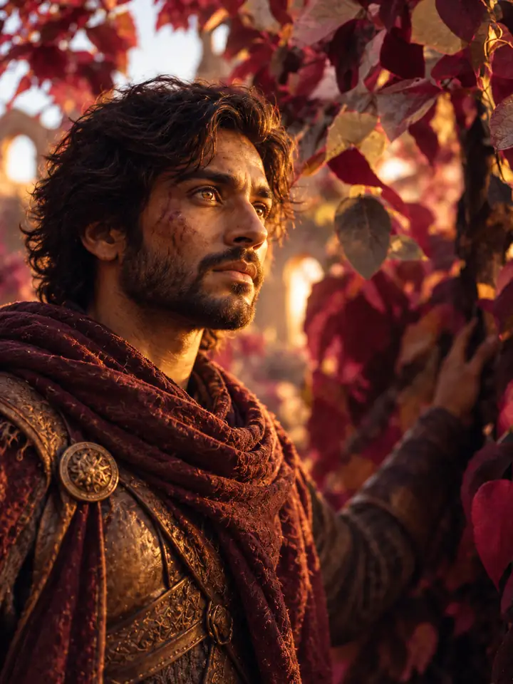 Cinematic portrait among colorful foliage, lit warmly for a film concept