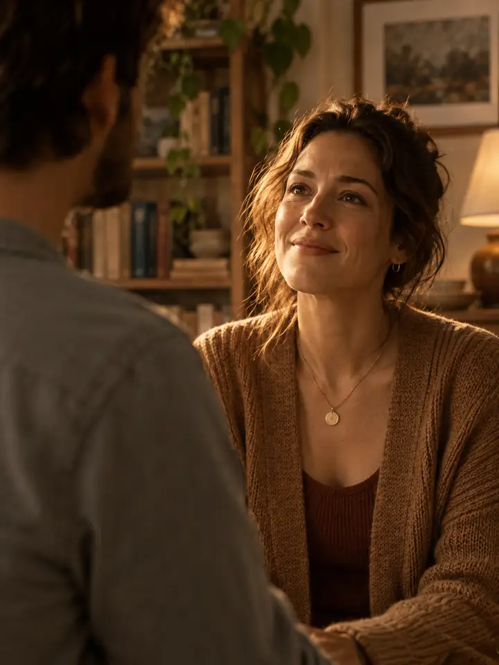 Two people meeting in a warmly lit room for a short dramatic scene