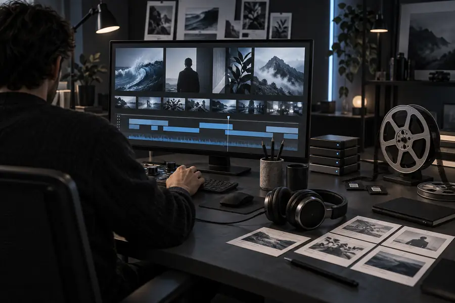 Illustration of a video editing workspace